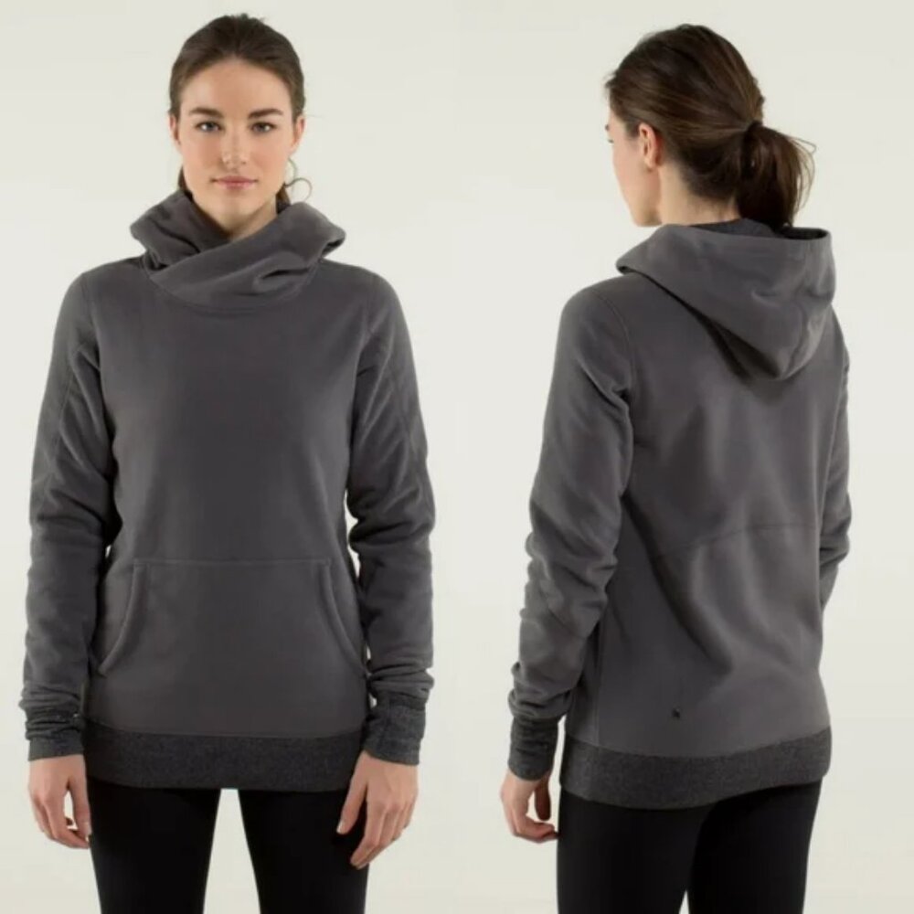 LULULEMON Runaway Fleece Hoodie Womens 10 Gray Cowl Neck Pullover Herringbone